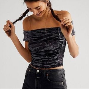Free People Joni Crop Top Black Velvet Jacquard, Size L
